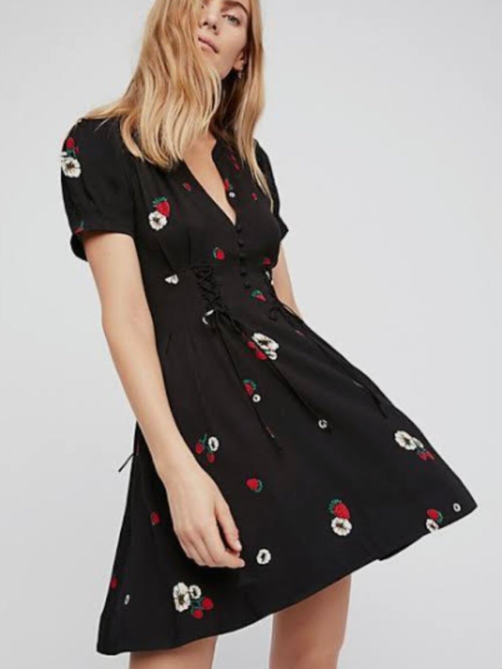 FREE PEOPLE Dream Girl Black Strawberry Print Mini Dress, Size 10